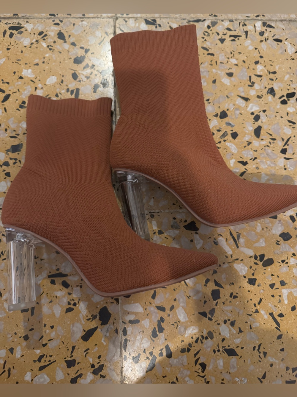 SHEIN (just one use) Rust-Brown Knit Sock Boots with Clear Block Heels